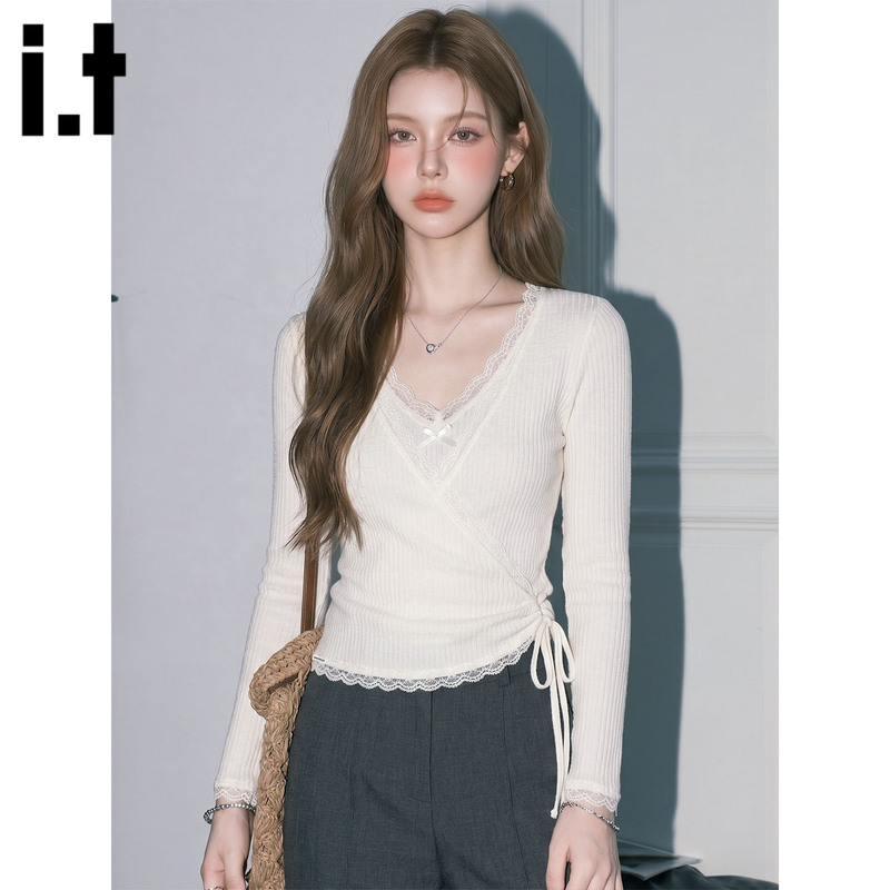 It:Chocoolate Pure Desire Style V-Neck Lace Trim Long-Sleeve T-Shirt for Women, Stunning Autumn Cardigan with Tie-Up Top