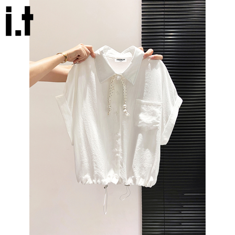 It:Chocoolate Design-Inspired Polka Dot Ribbon Short-Sleeve Collared Shirt for Women, Summer Drawstring Loose Slimming Top It:Chocoolate Design-Inspired Polka Dot Ribbon Short-Sleeve Collared Shirt for Women, Summer Drawstring Loose Slimming Top