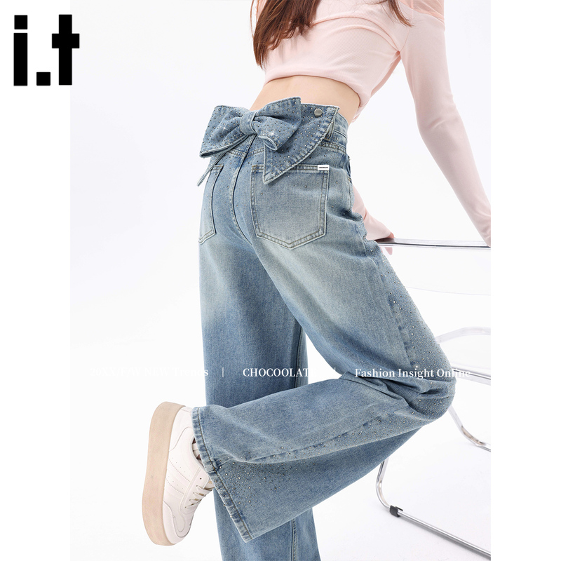 Chocoolate Design Bow-Knot Rhinestone Wide-Leg Jeans for Women, Spring and Summer Pear-Shaped Straight Pants