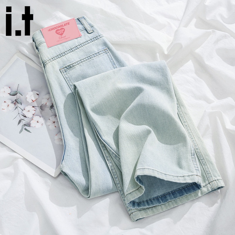 It:Chocoolate Light Blue Narrow-Fit Tencel Wide-Leg Jeans for Women, Summer, Spring and Autumn, High-Waisted Straight Pants