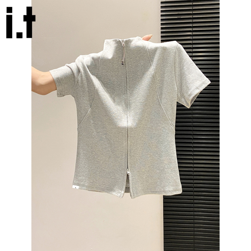 It:Chocoolate Stand-Up Collar Double Zipper Short-Sleeve T-Shirt for Women 2026 Summer New Slim-Fit Gray Versatile Top