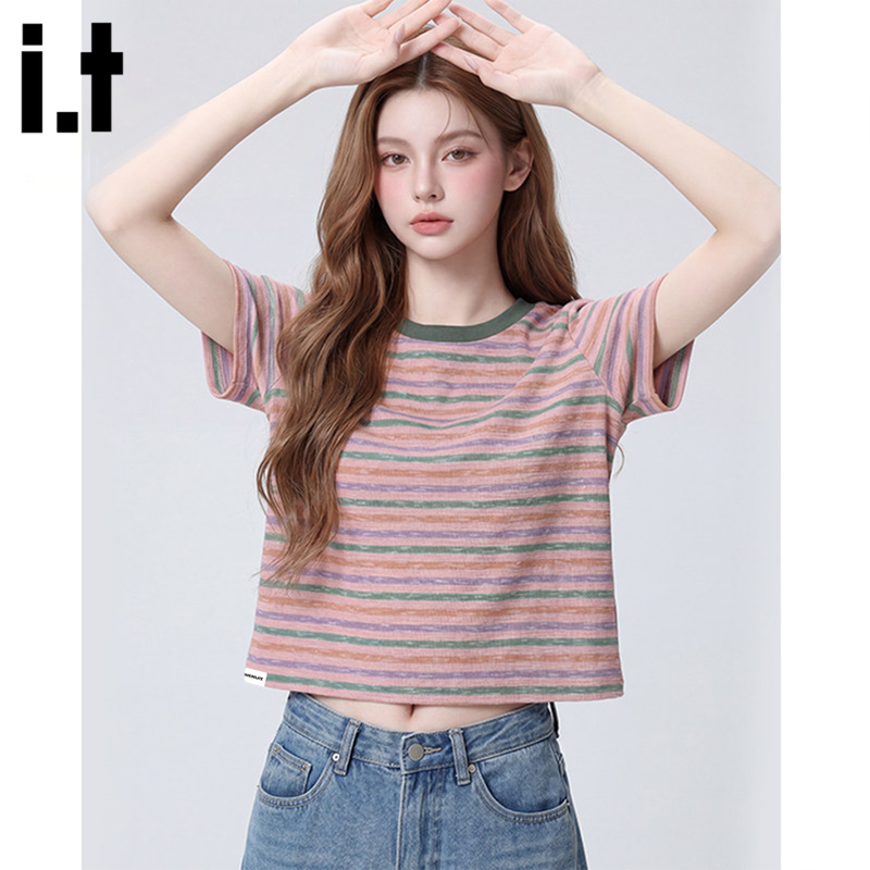 It:Chocoolate Color-Blocked Striped Short-Sleeve T-Shirt for Women, Summer Dopamine Pink Round Neck Age-Reducing Top It:Chocoolate Color-Blocked Striped Short-Sleeve T-Shirt for Women, Summer Dopamine Pink Round Neck Age-Reducing Top