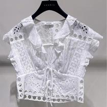 France sandro 24 spring and summer ruffled white round hole hollow embroidery V-neck strappy short shirt
