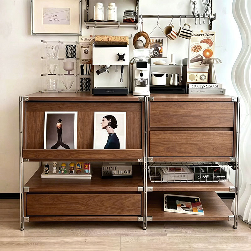Medieval-Style Magazine Cabinet, Sofa Side Cabinet, Coffee Machine Storage Cabinet, Walnut-Colored Sideboard, Wall-Mounted Integrated Storage Cabinet