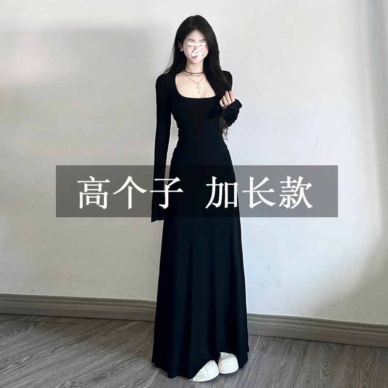 Tall Pregnant Women's Dress 172 Extended Version Black Hepburn Style Square Neck Long Sleeve Casual Versatile Waist-Cinching Long Dress