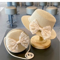 Childrens sun protection hat summer girls sunshade straw hat bag set baby girls fashionable lace princess beach hat