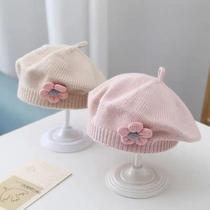 Fleur de couleur solide Baby Beret Hat Winter Warm Warm Knitted Beanie