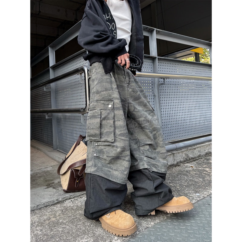 Nineeight American-Style Workwear Camouflage Jeans for Men with Detachable Cuffs, Loose Fit, Multi-Pocket Casual Pants, Trendy