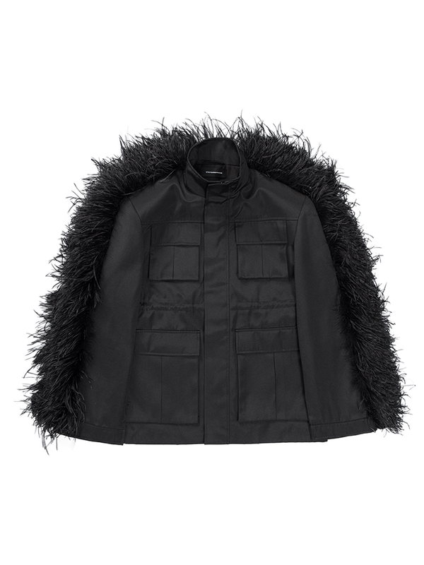 Statementcode Ostrich Feather Decorated Work Jacket Long-Sleeved Stand-Up Collar Mid-Length Loose-Fitting Waist-Cinching Jacket