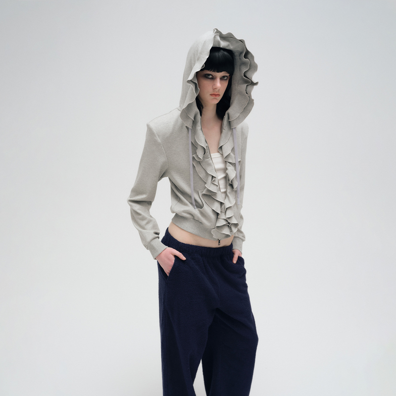 Statementcode Stylish Outfit Ruffled Hoodie Zip-Up Sweatshirt Casual Palace-Style Top