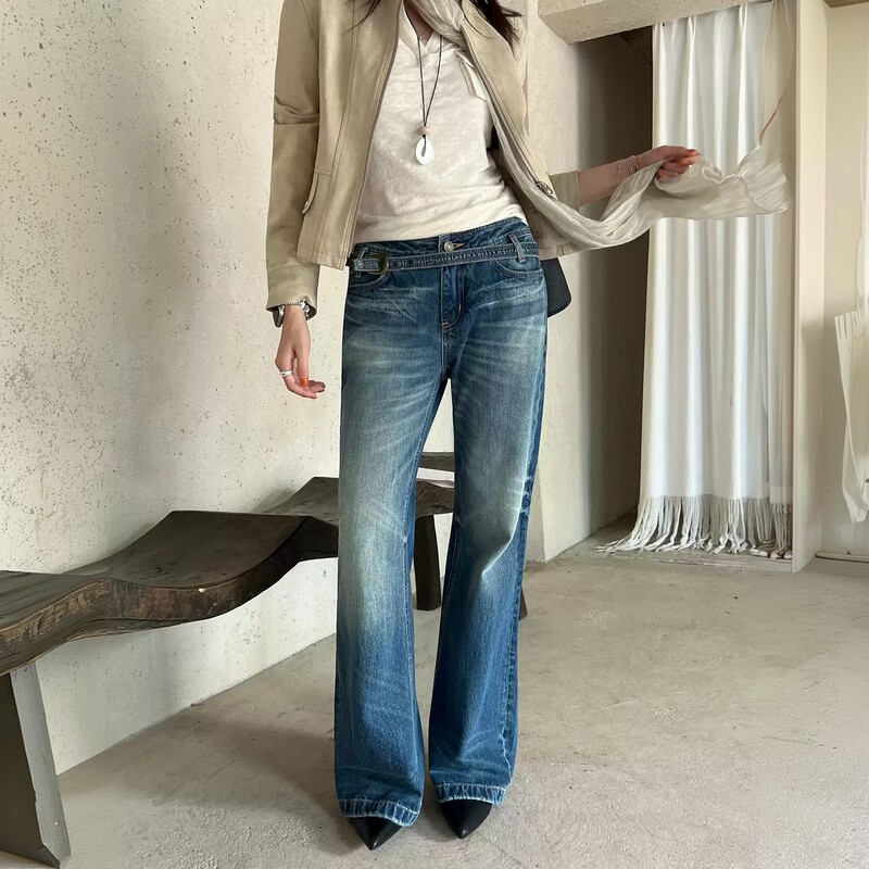 [in Stock] Smx Women's Jeans 2026 Autumn Low-Waist Slimming Retro Blue Non-Stretch Flared Pants 99183