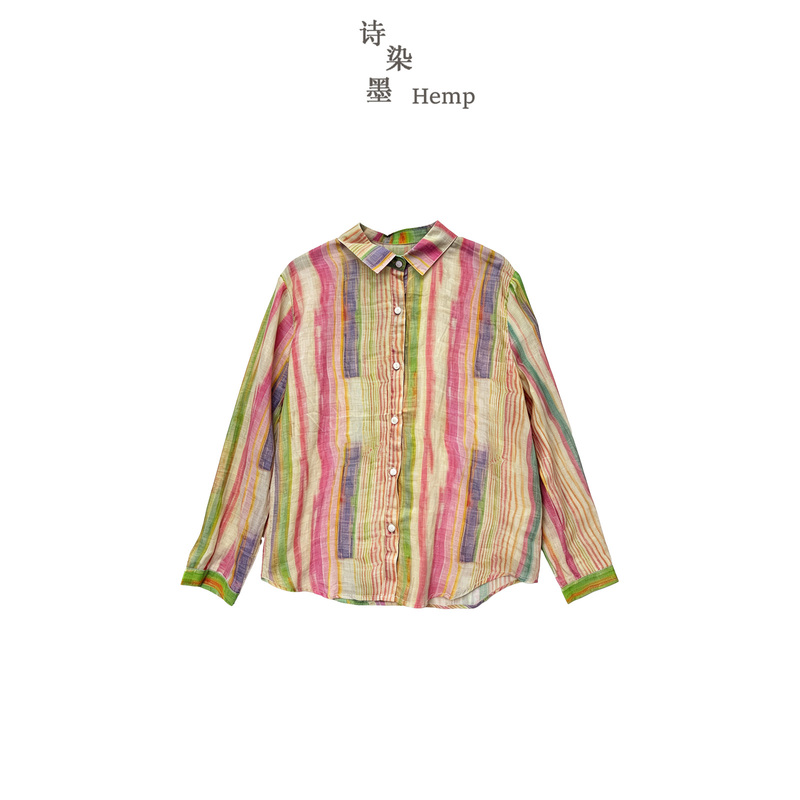 【Rainbow Gradient Striped Lightweight Ramie Lapel Shirt】6054 【Rainbow Gradient Striped Lightweight Ramie Lapel Shirt】6054
