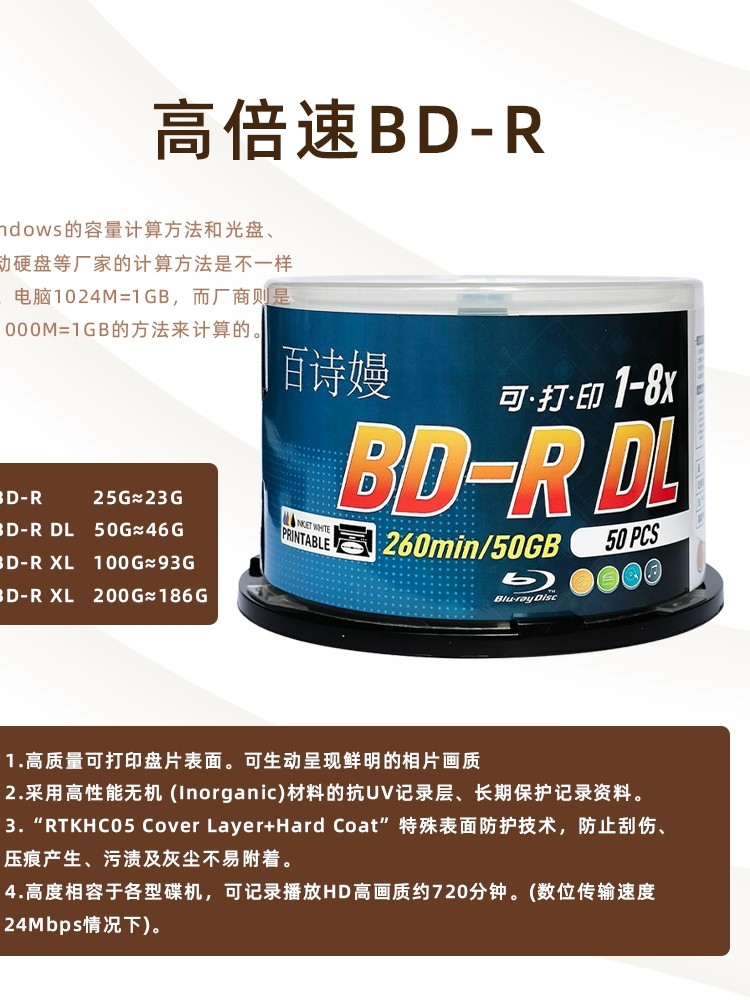 Baisiman Blu-Ray Printable Bd-R 25g Blu-Ray Disc Bd-R Dl 50g Burning Disc Blank Disc Taiwan Origin Large Capacity Disc 100G200G Burning Disc