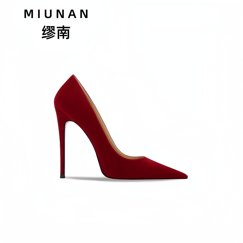 Miaonan Pointed-Toe High Heels 2026 New Style Burgundy Suede Stiletto Red-Soled High Heels Comfortable Shoes Wedding Shoes