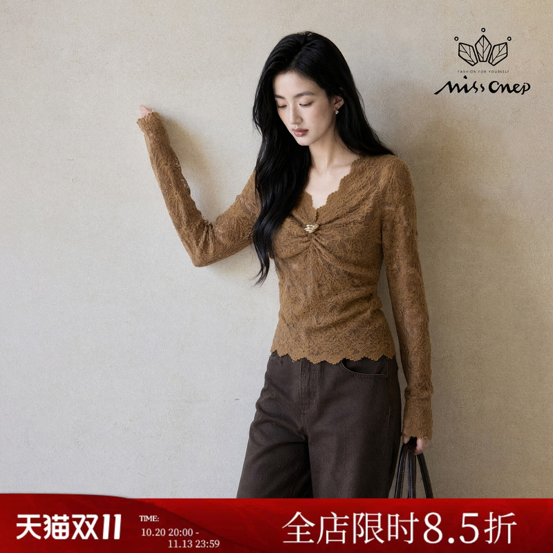 Missonep Cicada Maillard Caramel Color V-Neck Velvet Lace Base Shirt Autumn and Winter Slim-Fit Short Top for Women