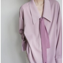 JOJOZ light pink and purple large pointed V-neck long-sleeved tie shirt loose fit slimming gentle age reduction 2024 autumn chic