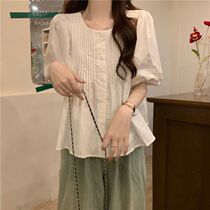 Summer Korean gentle style pleated round neck puff sleeve shirt womens 2024 new loose slimming age-reducing top