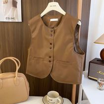 American retro double-button leather vest for women 2024 short sleeveless fashionable leather jacket jacket vest leather jacket trend