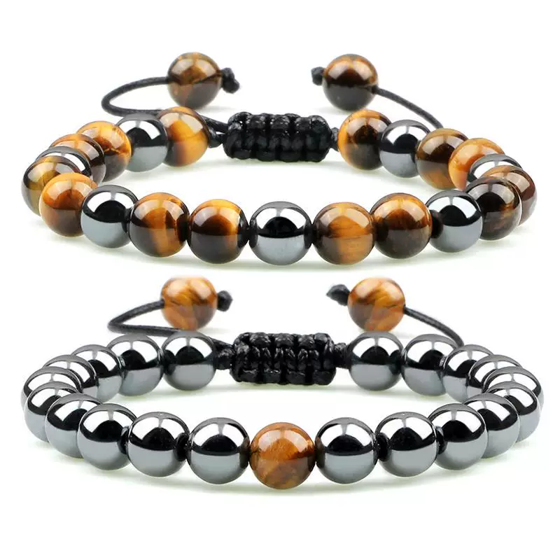 2PCS Hematite Tiger Eye Beads Bracelets Handmade Adjustable