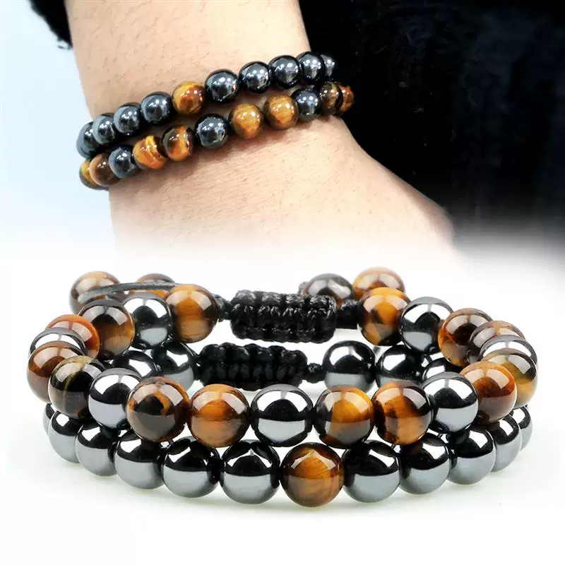 2PCS Hematite Tiger Eye Beads Bracelets Handmade Adjustable