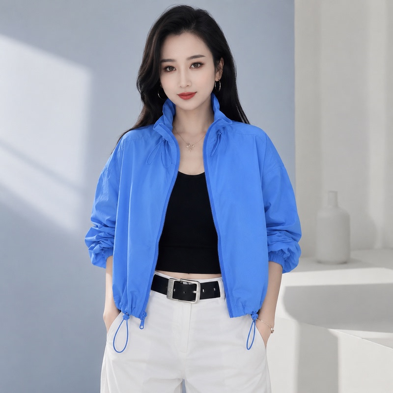 New Candy-Colored Jacket with Stand Collar, Short Style for Petite Figures, Spring Baseball Jacket, Fashionable, Loose, Casual, Sun-Protective Top New Candy-Colored Jacket with Stand Collar, Short Style for Petite Figures, Spring Baseball Jacket, Fashionable, Loose, Casual, Sun-Protective Top