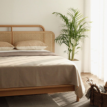 Nordic ins style solid wood bed Japanese modern light luxury 1 5 rattan bed home 1 8 meter double bed bed and breakfast furniture