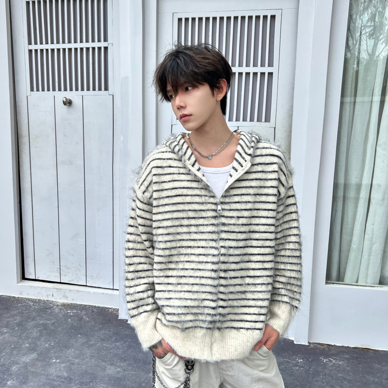 Shakeyu American Retro Striped Mohair Hooded Cardigan Sweater for Men and Women, Lazy Soft Knitwear Jacket
