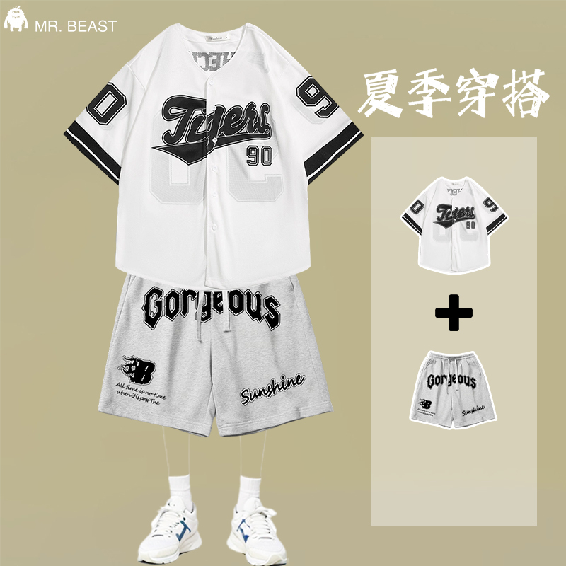 Mr Beast American-Style Cardigan Baseball Uniform Short-Sleeve T-Shirt Unisex Summer Street Fashion Letter Shirt Shorts Set