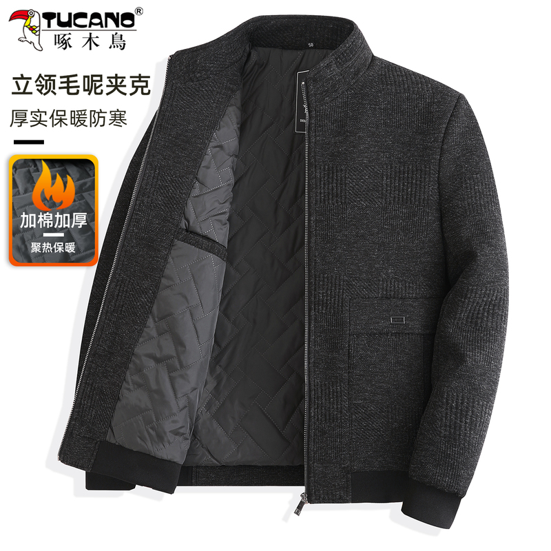 Woodpecker Woolen Jacket for Men, Stand Collar, Spring and Autumn, Middle-Aged and Elderly, Padded and Thickened, Dad's Autumn and Winter Coat