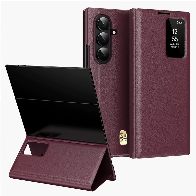 Sf Express Compatible Samsung Galaxy Z Trifold Phone Case in Burgundy Color, 70% off Fold Smart Window Genuine Leather Z Trifold High-End Business Flip-Style Fashion Luxury Card Slot Protective Case