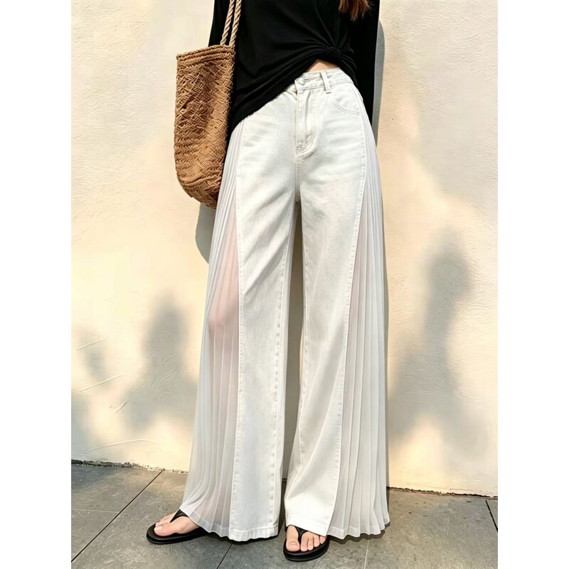 White Sheer Patchwork Denim Jeans for Women, 2026 Summer New Design, Niche Thin Breathable Casual Wide-Leg Pants