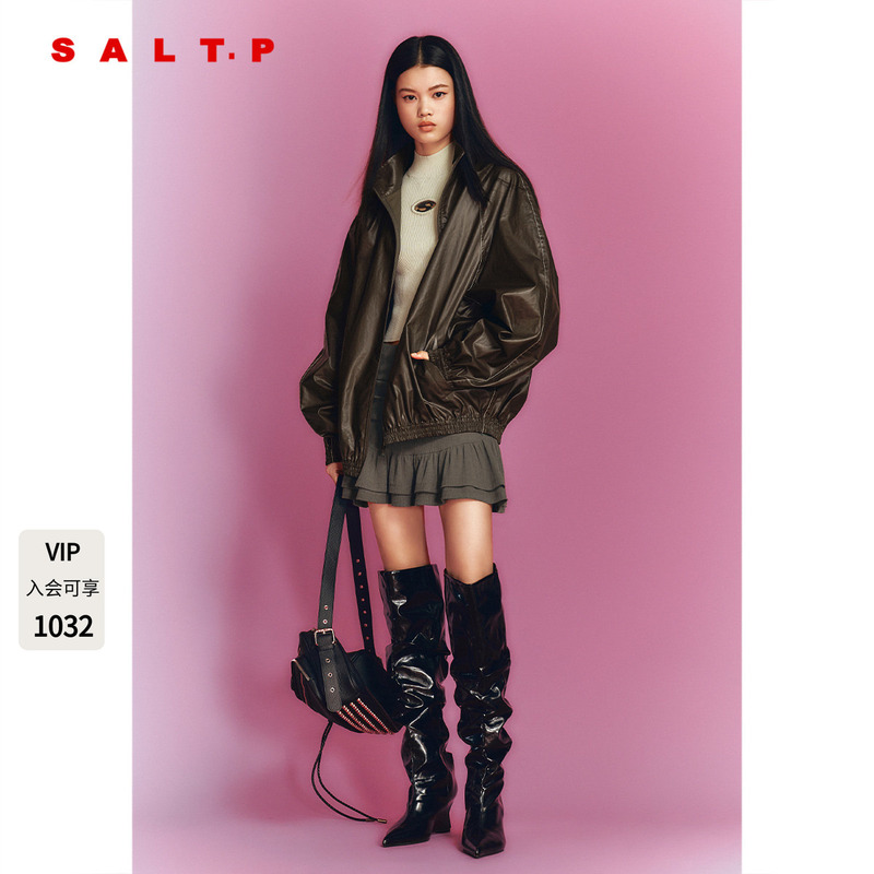 Salt.P Vintage Distressed Coated Jacket for Women 2026 Autumn New Motorcycle Jacket Ac36310140