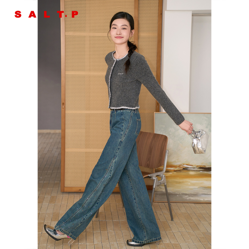 Salt.P Vintage Blue Sparkling Diamond Jeans for Women, Straight Wide-Leg Pants, Slimming Cotton Ac36320240 Salt.P Vintage Blue Sparkling Diamond Jeans for Women, Straight Wide-Leg Pants, Slimming Cotton Ac36320240