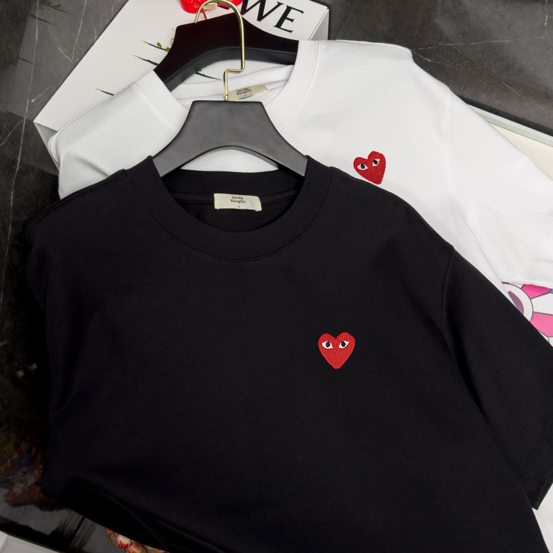 High-End Heavyweight Pure Cotton Short-Sleeve T-Shirt, Summer Unisex Couple Style, Fashionable Trendy Brand with Red Heart Embroidery, Trendy Half-Sleeve Shirt