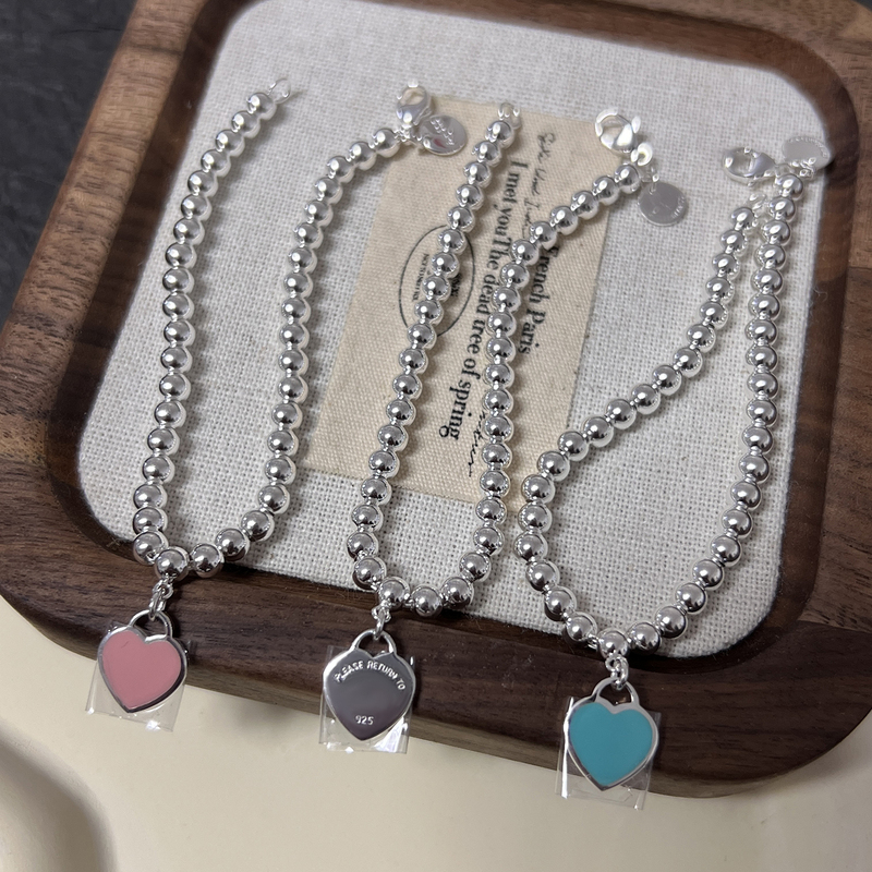 Meiji t Brand S925 Sterling Silver 4mm Bead Enamel Heart Bracelet for Women, Blue and Pink Heart-Shaped Jewelry, Gift for Girlfriend or Best Friend Meiji t Brand S925 Sterling Silver 4mm Bead Enamel Heart Bracelet for Women, Blue and Pink Heart-Shaped Jewelry, Gift for Girlfriend or Best Friend