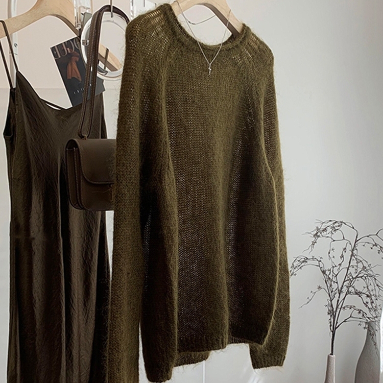 Olive Green Round Neck Long-Sleeved Bottoming Knitwear for Women Early Autumn 24 New Style Loose and Lazy Inner Mohair Knitwear