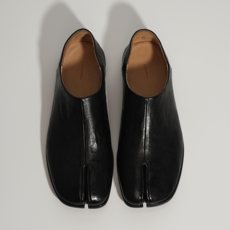 【Eix Gnod】Kangaroo Leather Tabi Split-Toe Slip-On Leather Shoes Birkenstock-Style Heel Genuine Leather Black Single Shoes for Men