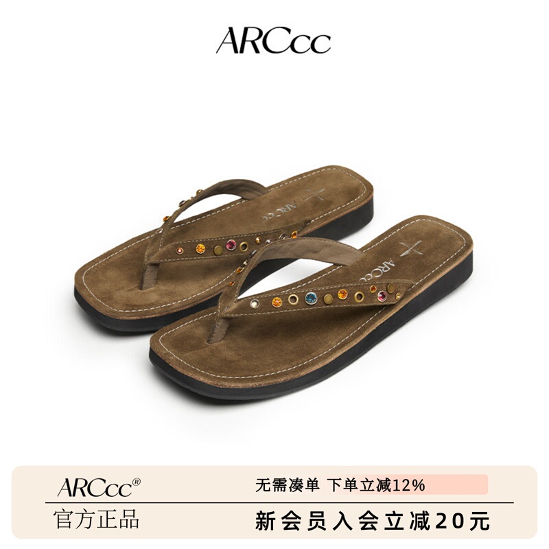 Arccc Wmns M02 Gemstone Metal Genuine Leather Cow Suede Flip-Flops Casual Sandals Flip-Flops Spring and Summer