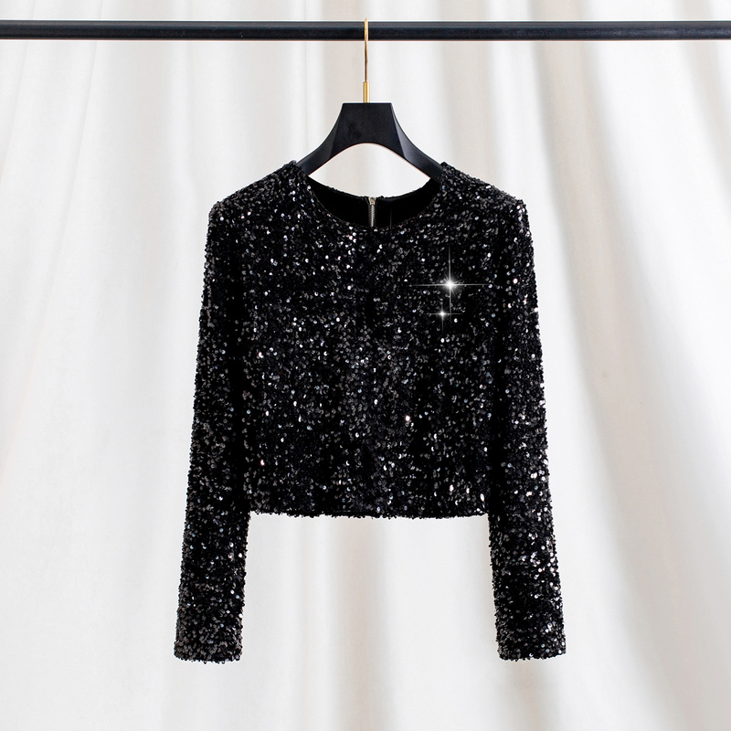 Design-Focused, Unique, Shiny, Heavy Sequin Velvet High-Waisted Top for Women, Long-Sleeved, Short Shoulder-Padded Jacket for Spring, Autumn, and Winter