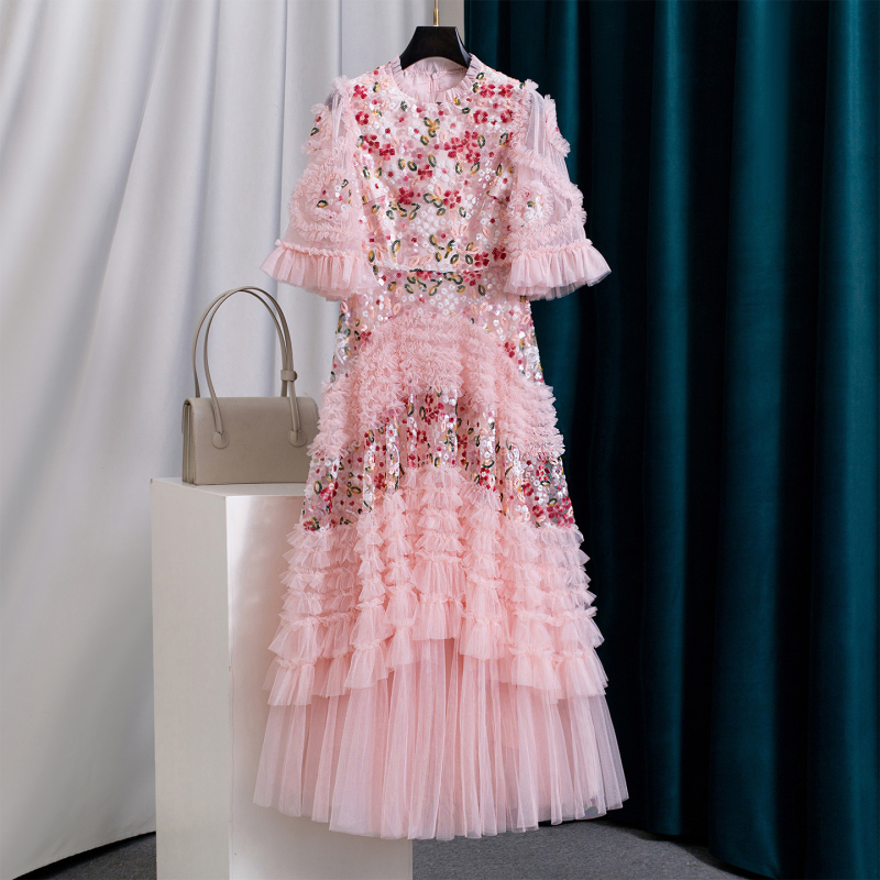 Luxurious~ Heavy-Duty Sequin Embroidery Pink Cake Dress Long Dress for Women, Light Luxury High-End A-Line Long Dress
