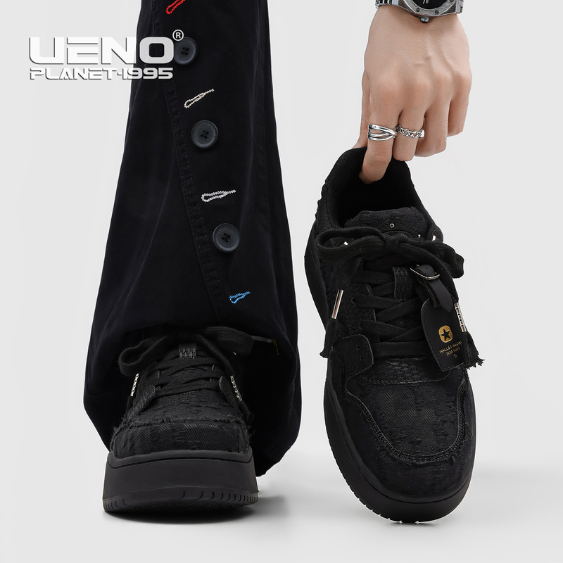 Retro Trendy Niche Pure Black Sneakers for Men, Outdoor Comfortable and Versatile Sports Shoes, Thick-Soled Height-Increasing Casual Shoes for Couples, Women's Shoes