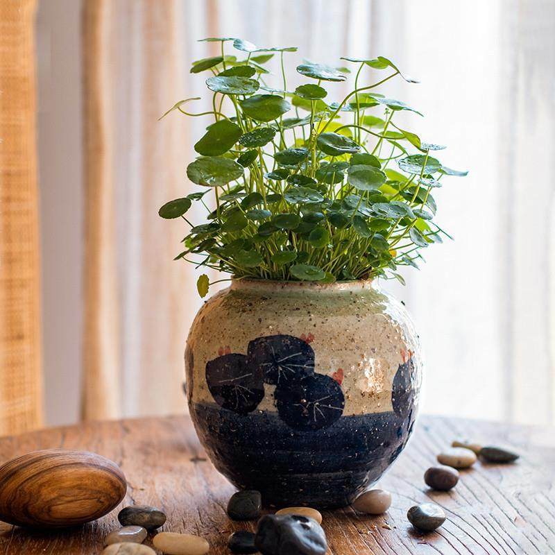 Green Flower Porcelain Vase Flower Pots Hand-painted Coarse Pottery Flower Ware National Wind Handmade Flower Inserted Pottery Jar Living-room Tile Pendulum-Taobao