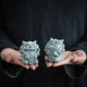 A Pair of Cute Green Sandstone Wind Lion Statues, a National Trend Stone Lion, a Lucky Charm, Tea Pet Ornament, and Souvenir