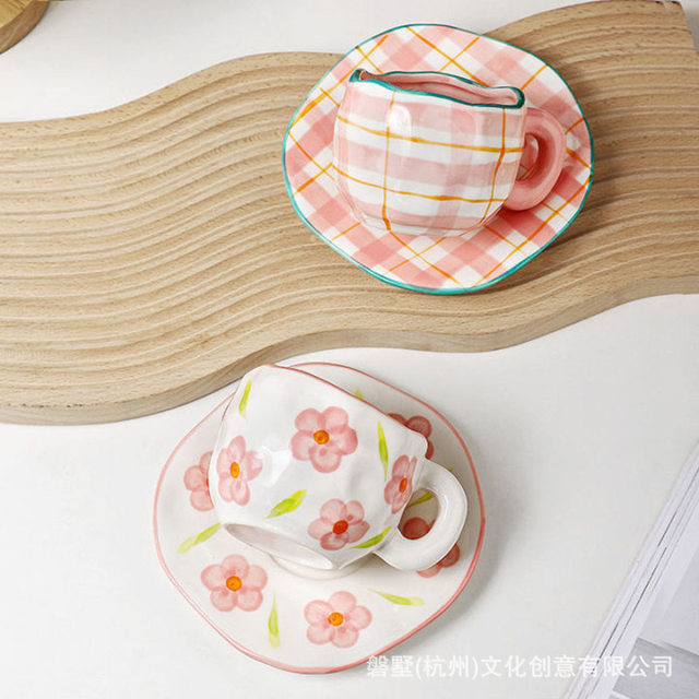 Creative Irregular Ceramic Hand-Painted Mug and Saucer Set, Exquisite Afternoon Tea, Women's Coffee Cup and Saucer Tea Set