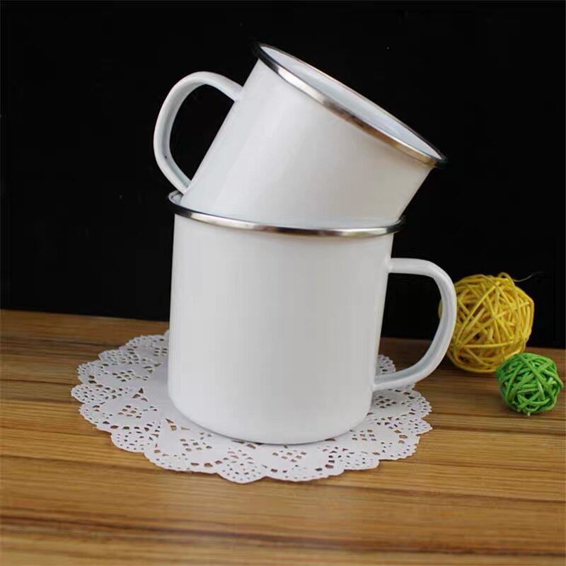 高級ステンレス製ホーローマグカップ、厚みのあるホーロー製ティーマグカップ、食品グレード素材、ロゴ印刷可能、ビンテージスタイルのマグカップ。