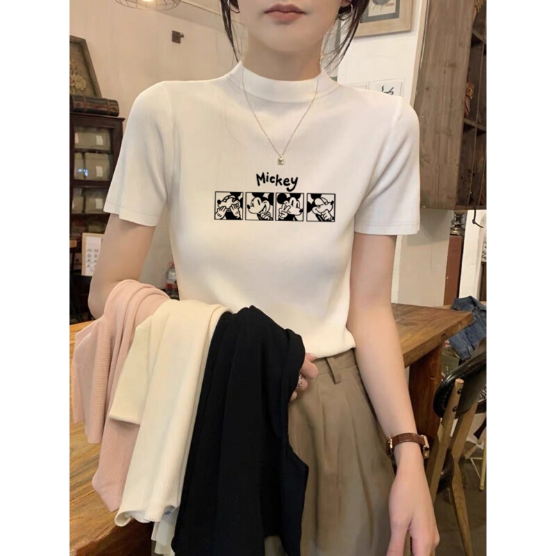 Half-High Collar, Regular Shoulder, Pure Cotton Short-Sleeve T-Shirt for Women, 2026 New Style, Fashionable and Stylish White Top, Base Shirt for Summer