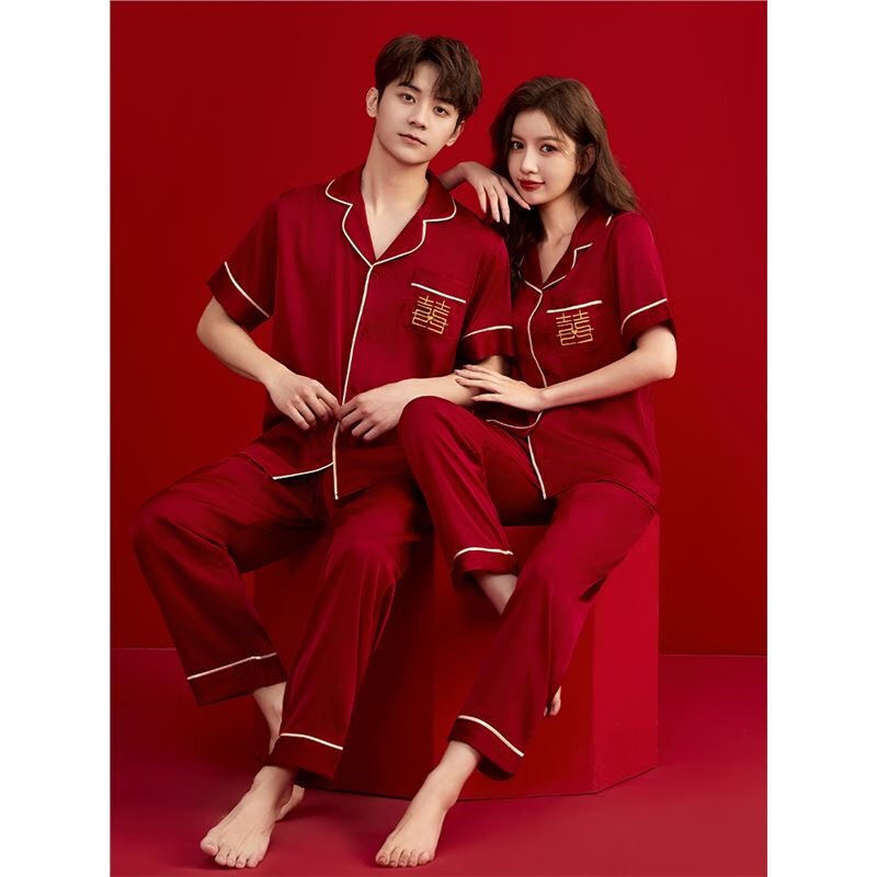 [Gift Box] Red Wedding Silk Pajamas for Couples, One Male and One Female, Mulberry Silk Homewear Set