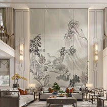 New Chinese style villa hard package TV background wall duplex high ceiling wall cloth living room self-built house landscape painting mural new style
