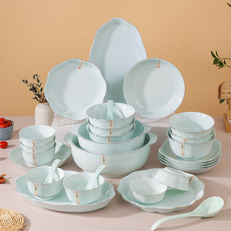 Songchang 2025 New Ceramic Tableware Set for Home Use, Sky Blue High-End Gold-Rimmed Bowls and Plates, Housewarming Gift, Rice Bowls and Plates Songchang 2025 New Ceramic Tableware Set for Home Use, Sky Blue High-End Gold-Rimmed Bowls and Plates, Housewarming Gift, Rice Bowls and Plates