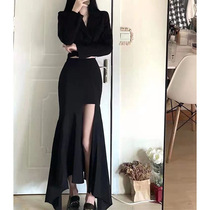 2024春秋暗黑系穿搭韩版小众收腰显瘦西装荷叶边高腰半身裙两件套
